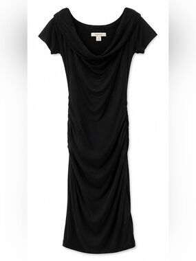 Summer & Sage Black Midi Dress with Synched Sides and Cowl Neck